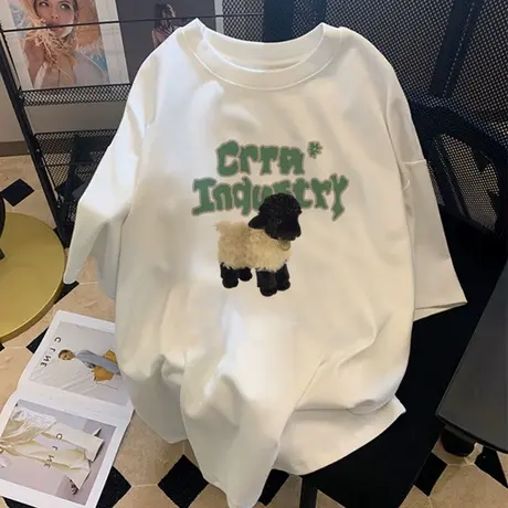 白色大码t恤女美式新款oversize小个子穿搭ins短袖夏宽松显瘦上衣商品大图