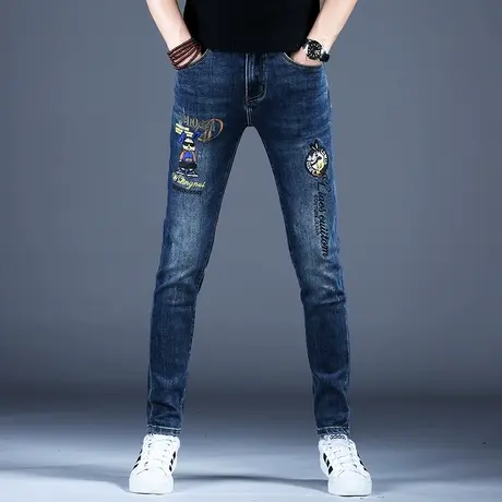 男士刺绣牛仔裤男款秋冬季2023裤子高端潮牌韩版潮流修身小脚男裤商品大图