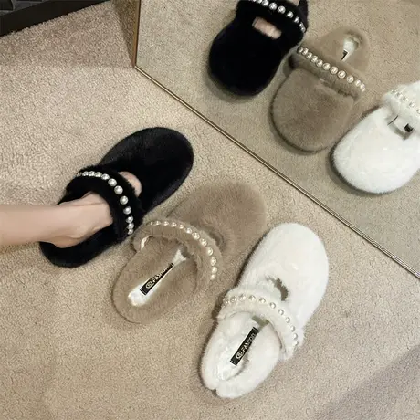 百搭爆款包头半拖鞋女外穿毛毛鞋2024秋季珍珠平底轻便孕妇毛毛鞋商品大图