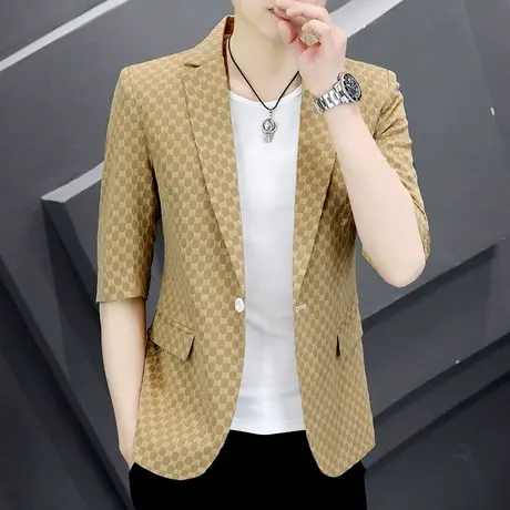 高端轻奢男士夏季薄款七分袖西服外套潮流痞帅休闲中袖小西装上衣商品大图