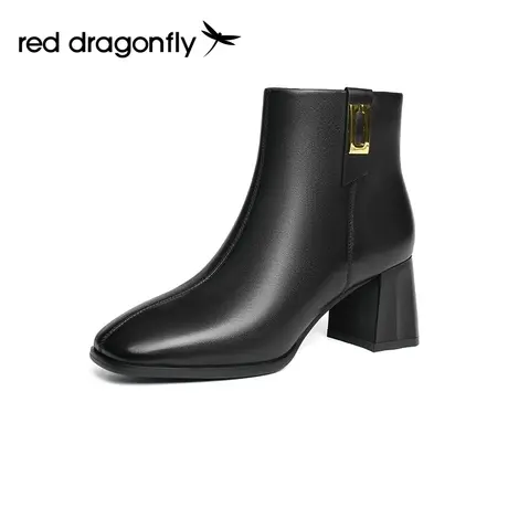 红蜻蜓女靴羊皮粗跟短靴女冬季新款短筒高跟靴气质通勤妈妈靴子图片