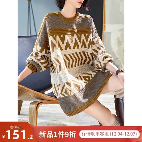 宝诗黎圆领宽松提花慵懒毛衣女春秋季长袖外穿中长针织衫2024新款商品大图