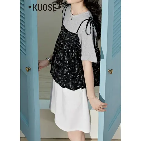 阔色波点黑色吊带T恤两件套装女2023新款夏季宽松设计感上衣灰图片