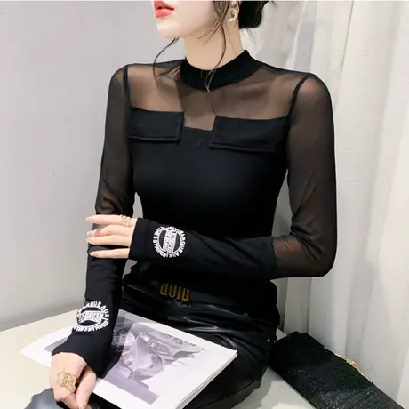 时尚网纱镂空拼接打底衫长袖2024秋冬新款洋气减龄内塔上衣女T恤商品大图