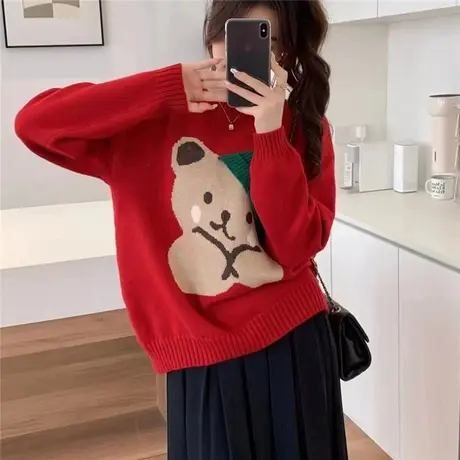 本命年红色毛衣女款2023年新款冬季爆款小熊加厚秋冬内搭新年衣服图片