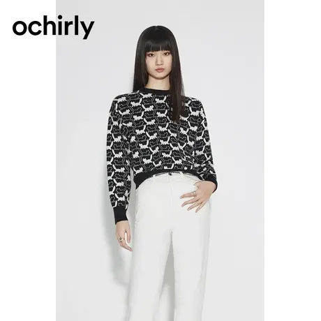 【品牌甄选】欧时力小熊猫图案针织衫新款秋装徽章上衣设计感温柔商品大图