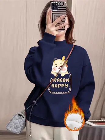 半高领卫衣女美式复古oversize大码加绒外套ins潮冬季闺蜜装上衣商品大图