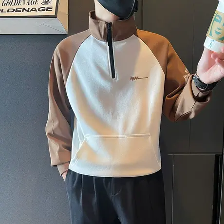 秋季立领卫衣男半拉链长袖T恤男装上衣2023新款拼色休闲个性外套商品大图