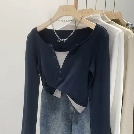 撞色假两件长袖T恤女秋季2023年新款设计感小众显瘦V领短款上衣潮商品大图