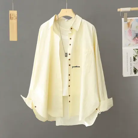 浅黄色宽松休闲纯棉衬衫女外套2024年春季设计感小众别致衬衣上衣商品大图