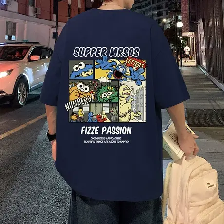 夏季美式卡通印花短袖T恤男潮流ins大码纯棉宽松高街情侣半袖体恤商品大图