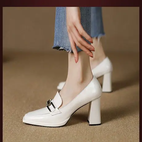 气质法式高跟鞋女2024新款方头金属扣单鞋工作鞋女鞋子小皮鞋女款图片