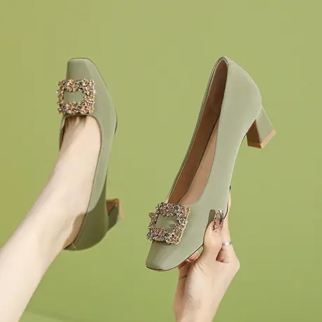 粗跟高跟鞋女2024年新款春秋水钻方扣法式气质中跟浅口单鞋不累脚商品大图