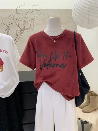 美式复古字母印花短袖t恤女夏季丝绒厚实设计感小众宽松显瘦上衣商品大图
