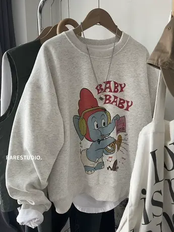 韩国早春新款笛子小飞象趣味印花减龄休闲小个子圆领宽松洋气卫衣图片