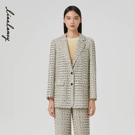 LANCY/朗姿女装2023春季新款几何印花短外套女西装领通勤印花上衣图片