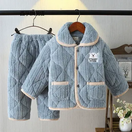 新款儿童睡衣冬加厚三层夹棉小男孩女童宝宝法兰绒家居服纯色套装图片