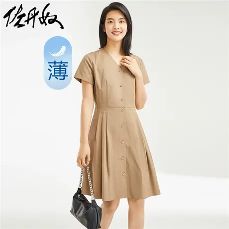 佐丹奴裙子女装纯棉梭织V领单排扣收腰褶皱薄连衣裙 13463204图片
