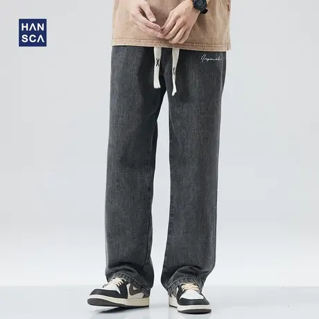 hansca黑色牛仔裤男春季水洗做旧高街潮牌宽松大码直筒休闲长裤子商品大图