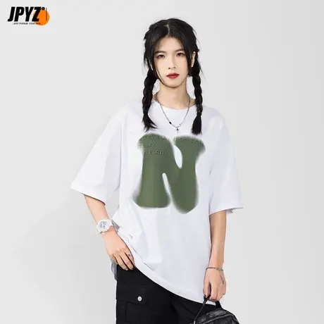 美式短袖t恤女生潮牌印花圆领纯棉2024新款宽松落肩袖五分袖打底商品大图