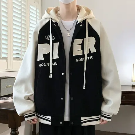 可拆卸连帽棒球服男春秋季新款美式宽松拼接夹克男生潮牌刺绣外套商品大图