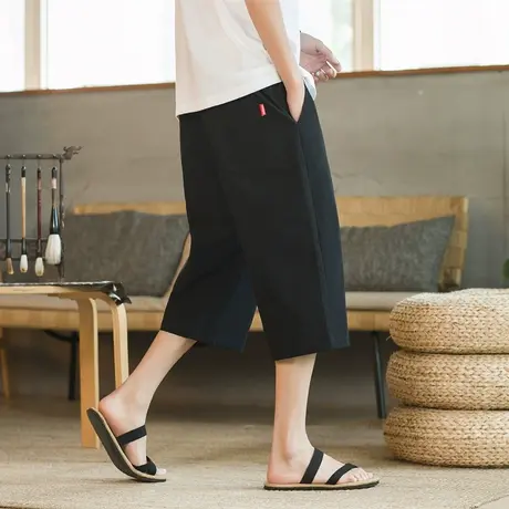 中国风刺绣棉麻七分裤男夏季胖子大码灯笼亚麻裤子宽松新中式短裤商品大图