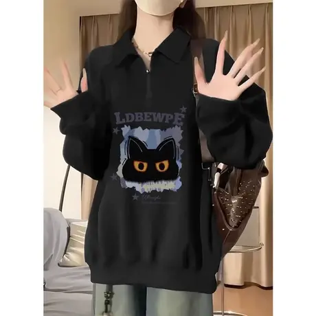 设计感polo领卫衣女2024新款春秋薄款宽松美式复古黑色半拉链上衣商品大图