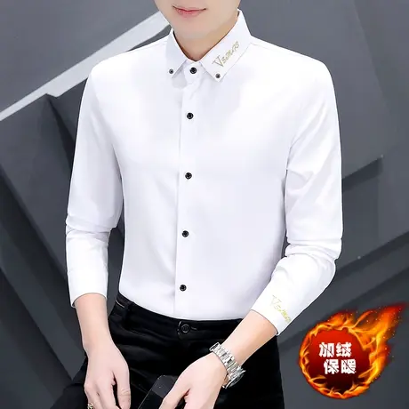 刺绣长袖衬衫男士秋冬季潮流休闲抗皱寸衫男装加绒加厚保暖衬衣服商品大图