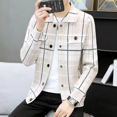 2022新款男士针织夹克潮流韩版帅气开衫毛衣格子休闲百搭外套上衣商品大图