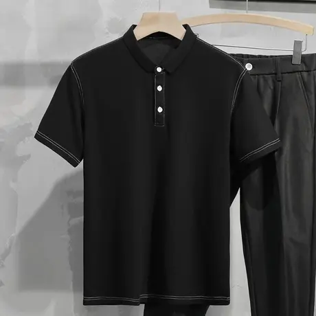 男士短袖polo衫保罗有领翻领t恤冰丝凉感半袖夏季纯色黑色上衣服商品大图