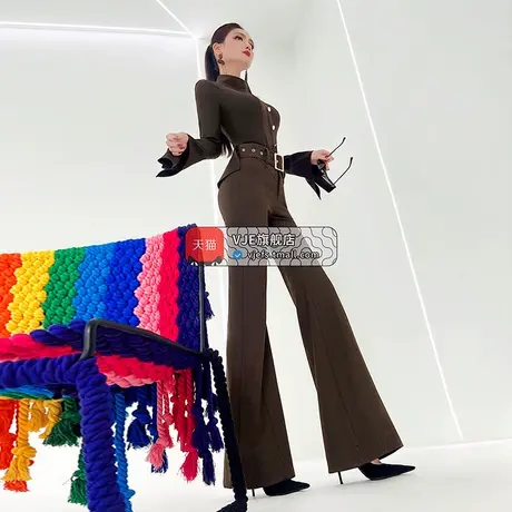 VJE秋季高腰咖啡色牛仔弹力喇叭裤新款气质垂顺显瘦休闲长裤商品大图