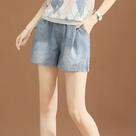 韩潮袭人松紧腰刺绣开叉牛仔短裤女装2021年夏季新款显瘦阔腿热裤商品大图