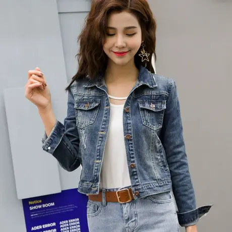 牛仔外套女短款修身韩版新款显瘦学生长袖春秋大码牛仔服上衣深蓝商品大图