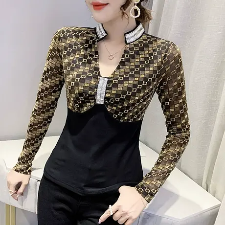 女装2023新款潮性感V领T恤亮丝网纱上衣洋气内搭打底衫女长袖春秋商品大图