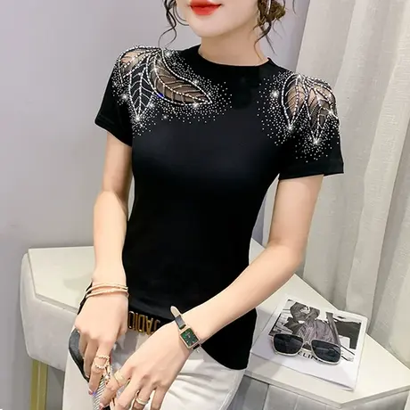 性感镂空短袖T恤女2023夏装新款网纱拼接小衫洋气烫钻上衣丅恤潮图片