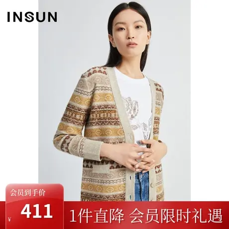 恩裳春秋费尔岛提花复古慵懒风舒适落肩针织衫开衫商品大图