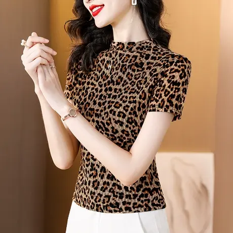 时尚豹纹网纱T恤女短袖2023夏季新款气质立领小衫别致设计感上衣图片
