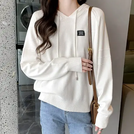 连帽毛衣女春装2023年新款洋气百搭白色卫衣纯色短款针织打底衫女商品大图