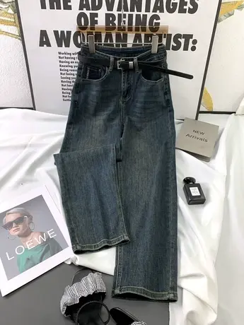 水洗磨白复古牛仔阔腿裤女2023秋季新款显瘦高腰裤弹力宽松男友裤商品大图