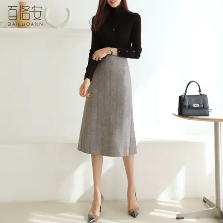 百洛安高腰百搭a字裙女秋季新款气质韩版格纹中长裙OL通勤半身裙图片