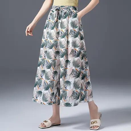 冰丝雪纺印花裙裤女夏薄款裙子高腰阔腿裤休闲宽松九分裤夏季女裤商品大图