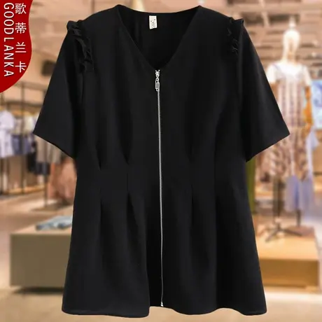 中年妈妈夏季冰丝短袖上衣洋气时尚加肥加大码拉链开衫V领衬衫女商品大图