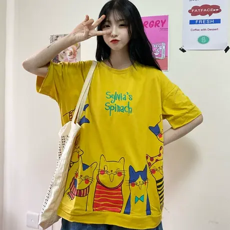 网红大版短袖t恤女2020宽松韩版学生bf原宿风半袖ins超火上衣服潮图片