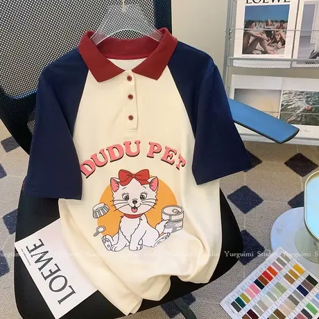 纯棉正肩polo衫短袖t恤女夏季宽松半袖设计感小众美式复古上衣服商品大图