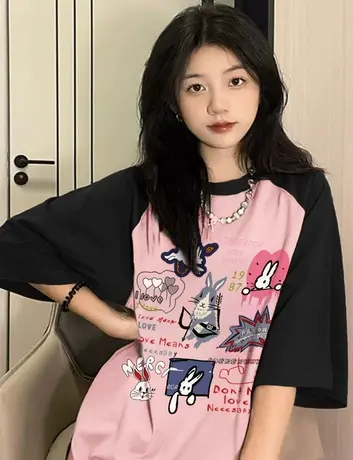 撞色插肩短袖t恤女夏季纯棉美式复古小众设计感宽松半袖上衣潮牌商品大图