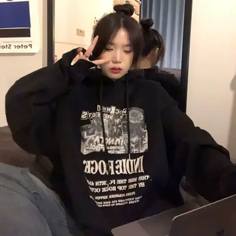 chic港风潮牌卫衣女秋冬季ins宽松bf慵懒风加绒加厚美式复古外套图片