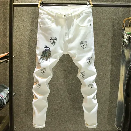 白色高端图案烫钻牛仔裤男款修身小脚裤潮牌高品质印花轻奢长裤子商品大图