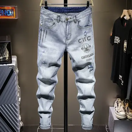 夏季薄款欧美潮牌浅色破洞牛仔裤男修身小脚男士百搭韩版潮流长裤商品大图