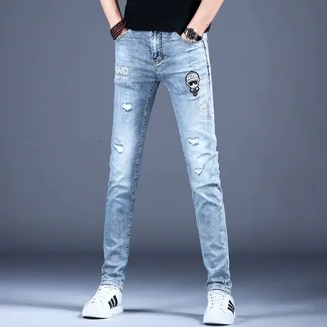 欧洲站破洞刺绣牛仔裤男款2023新款高端潮牌轻奢裤子男士修身小脚图片