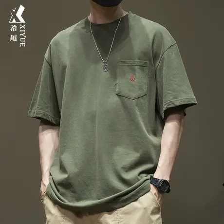 重磅水洗磨毛平纹男生短袖t恤男纯色夏季简约大码军绿口袋体恤衫商品大图